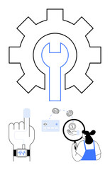 Large wrench inside gear symbolizing tools and solutions, hand with wearable tech, credit card and money hovering, and female customer service assistant. Ideal for digital services, tools