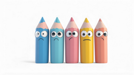 Cartoon pencil characters with googly eyes displaying emotions