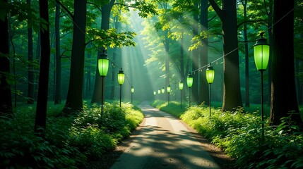 Obraz premium Green lanterns lining a sun-drenched forest road creating a magical scene