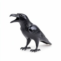 Shiny Black Crow Figure Statue with Open Beak Standing on White Surface Close Up View Decoration