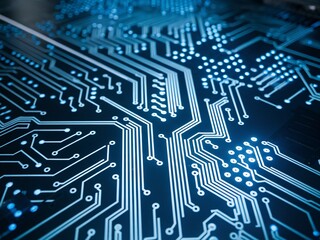 Close-up of a blue circuit board showcasing intricate electronic pathways and connections.