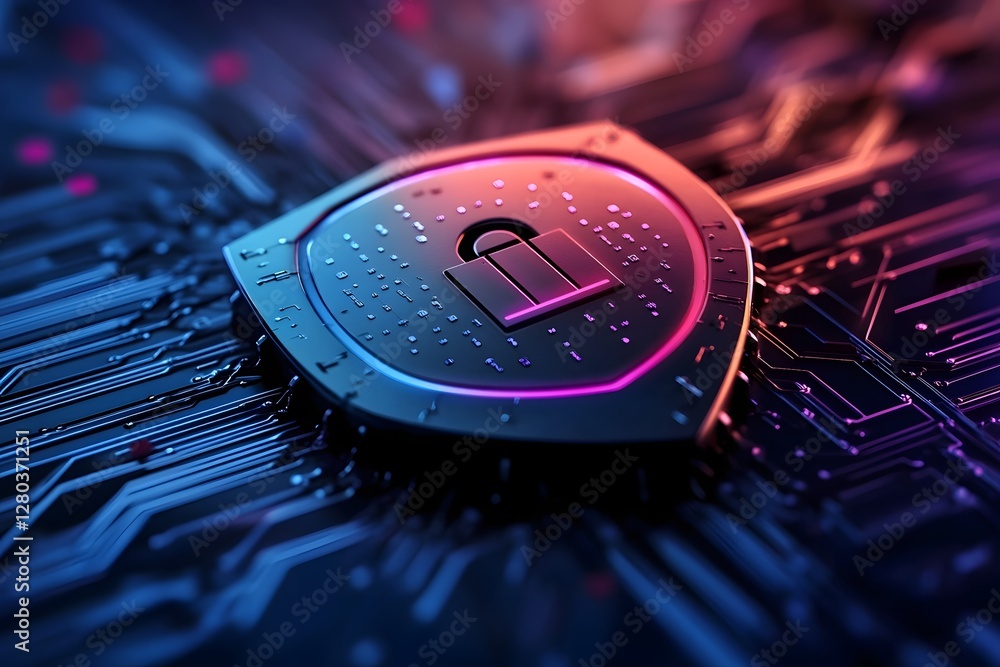 Poster sleek cybersecurity shield with encrypted digital lock and cyber glow