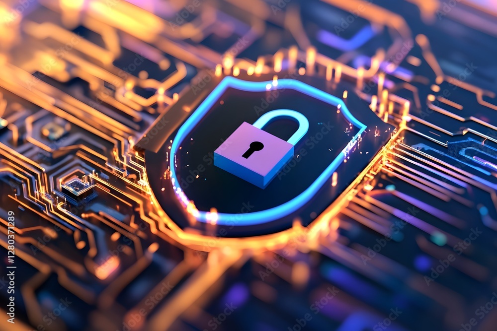 Poster sleek cybersecurity shield with encrypted digital lock and futuristic cyber glow