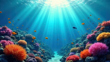 A vibrant underwater scene with colorful coral reefs and various fish swimming under sun rays penetrating the water.