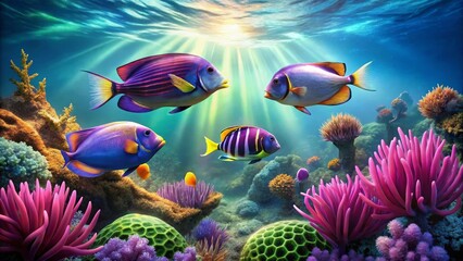 Vibrant Reef Scene Featuring Four Colorful Fish Swimming Amidst Lush Coral and Anemone