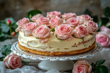 Rose-decorated cake on stand
