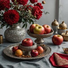 A breathtaking Persian New Year table arrangement with all Haft-Seen symbols, focusing on a gleaming red apple, set against a flawless, clear background.