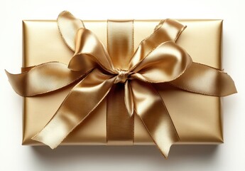 Elegant golden gift box adorned with a luxurious satin bow, perfect for celebrations, special occasions, and thoughtful surprises in any setting