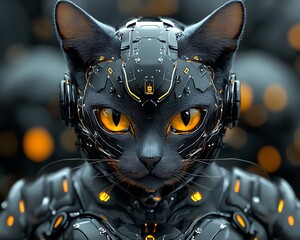 Futuristic Cat Warrior in Dark Bokeh
