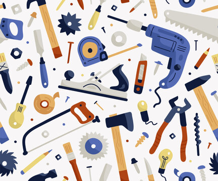 Seamless pattern with construction tools for home repairs on light background. Hammer, drill, screwdriver, hacksaw, chisel, light bulb. Vector illustration
