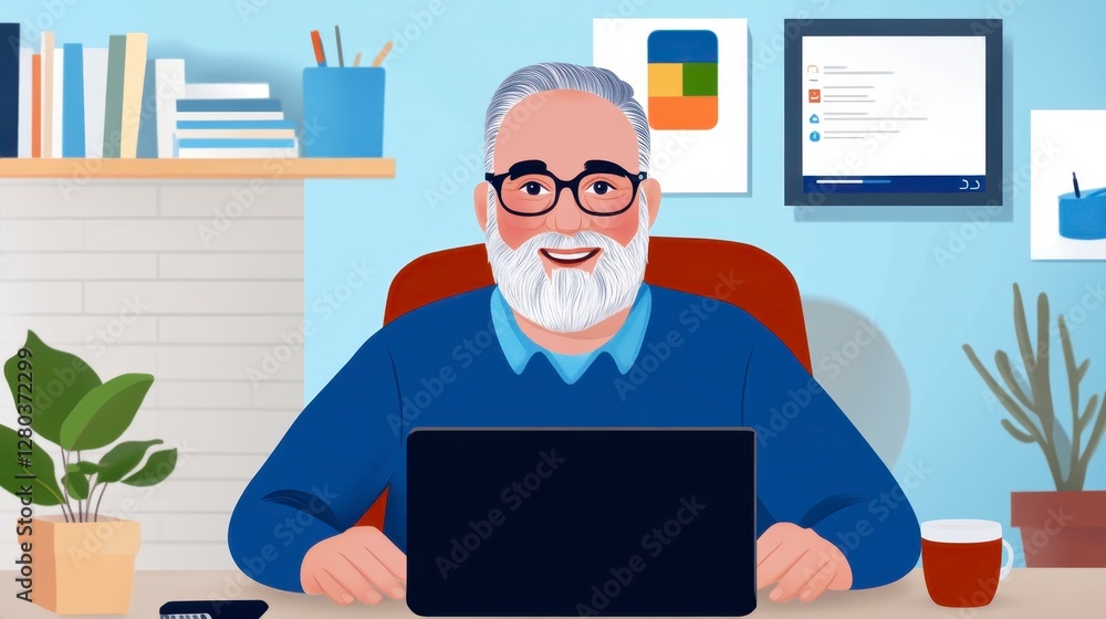 Canvas Prints Smiling Senior Man Working at Home Office Desk