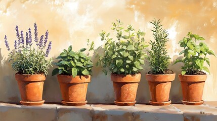 Fototapeta premium Sunlit Herbs in Terracotta Pots: A Still Life Painting