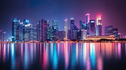 Fototapeta premium Nighttime skyline with towering skyscrapers, vibrant lights, metropolitan feel