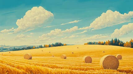 Golden Wheat Field with Bales Under a Bright Blue Sky and Fluffy Clouds in the Distance Captured in Vibrant Colors