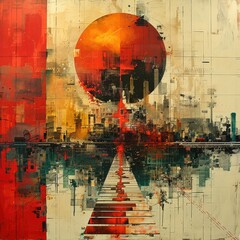 Abstract Urban Cityscape Painting Red Sunset Railway Tracks Futuristic Architecture