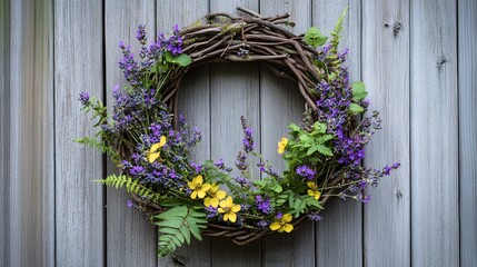 Rustic Lavender and Yellow Flower Wreath on Weathered Wood