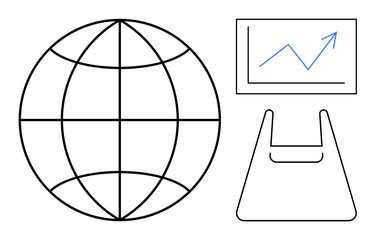 Obraz premium Globe representing global perspective, graph with upward trend, plastic bag. Ideal for sustainability, global economy, market growth, environmental impact, economics, data analysis abstract line