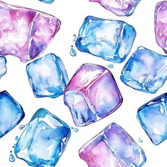 Obraz premium Watercolor seamless pattern of ice cubes, artistic and fluid, isolated on white background.