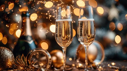 Festive Sparkling Champagne Flutes with Gold Ornaments Bokeh Lights for New Year s Celebration