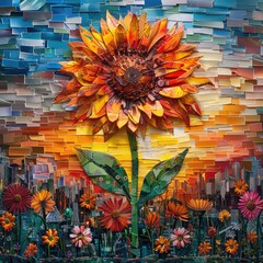 Vibrant Sunflower Mosaic Art Cityscape Sunset Background Recycled Materials