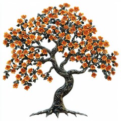 Art Nouveau style orange tree, elegant and intricate, isolated on white background.