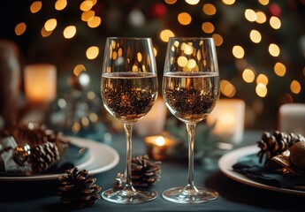 Elegant New Year Celebration with Sparkling Wine Glasses Surrounded by Festive Lights and Cozy Decorations on a Table Setting