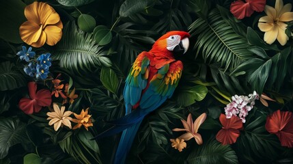 Obraz premium Vibrant Macaw Among Lush Tropical Foliage