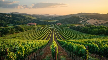 Fototapeta premium Picturesque Vineyard Landscape Rolling Hills Lush Grapevines and Rustic Farmhouses at Sunset