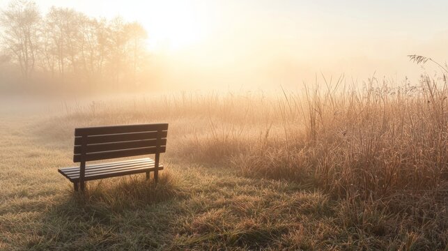 Tranquil Secluded Bench in a Misty Morning Landscape with Golden Sunlight and Gentle Grass Surroundings