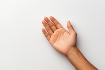 Naklejka premium Open male hand facing up on plain white background. Request, offering, asking for help.