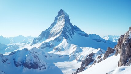 Snow-covered mountain peak with clear blue sky in the background.