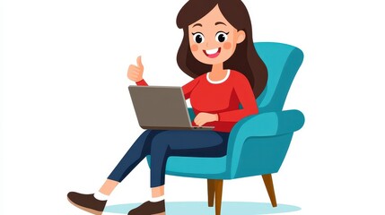 Smiling Woman Using Laptop in Teal Armchair