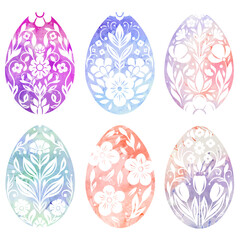 Vector set of colorful watercolor Easter egg clip art in folk art style. Collection of tracery decorative holiday eggs silhouettes.
