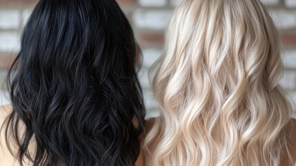 Fototapeta premium A hair color transformation from dark to light, showing an ombre style.