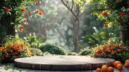 Obraz premium Serene Garden Setting with Wooden Round Table Lush Greenery and Orange Fruit