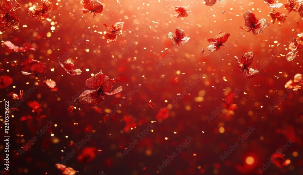 Poster elegant red petals floating in a dreamlike background with soft sparkles and a warm atmosphere, perf