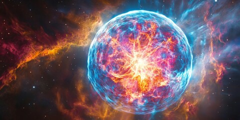 Obraz premium A vibrant cosmic explosion lights up the universe with intense colors. This stunning digital art evokes wonder. Perfect for space enthusiasts and imaginative projects. AI