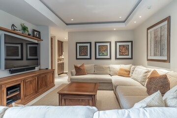 A spacious family living room with a neutral aesthetic, a large sectional sofa, and framed artwork hanging above a wooden entertainment unit