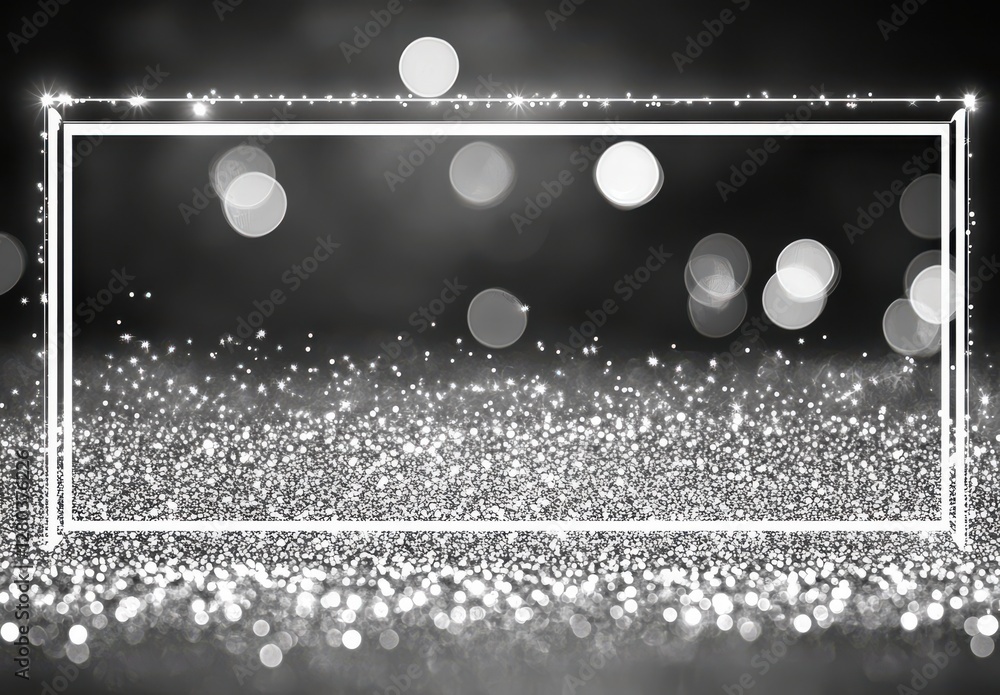 Poster elegant silver and black bokeh background with sparkling glitter and a decorative empty frame for in