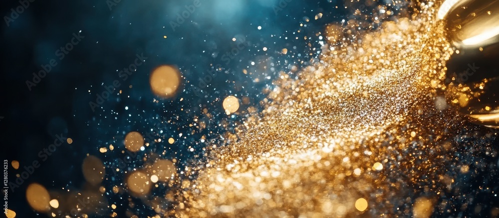 Poster Elegant shimmering golden particles create mesmerizing effects in dynamic motion on a blue and teal background for captivating visual designs and projects