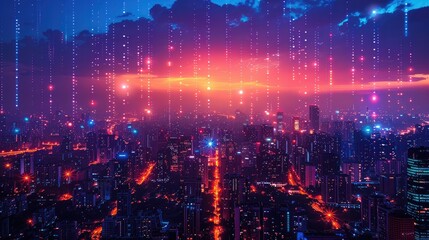 Futuristic Smart City Night Lightscape Digital Data Streams Over Urban Skyline