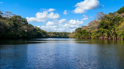 Calm Tropical River Under a Blue Sky