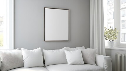 Modern minimalist living room with blank framed artwork
