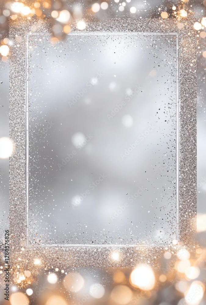 Poster elegant silver glitter frame with shimmering bokeh lights and soft blurred background for festive oc