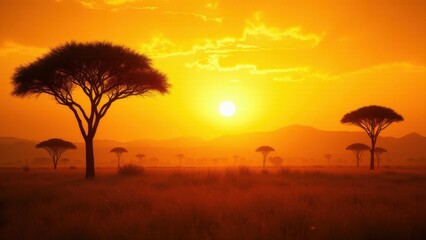 Obraz premium A stunning sunset over an African savanna with acacia trees silhouetted against the vibrant orange sky.