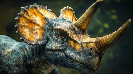 Close Up of a Triceratops Dinosaur with Orange and Blue Scales Against a Dark Background