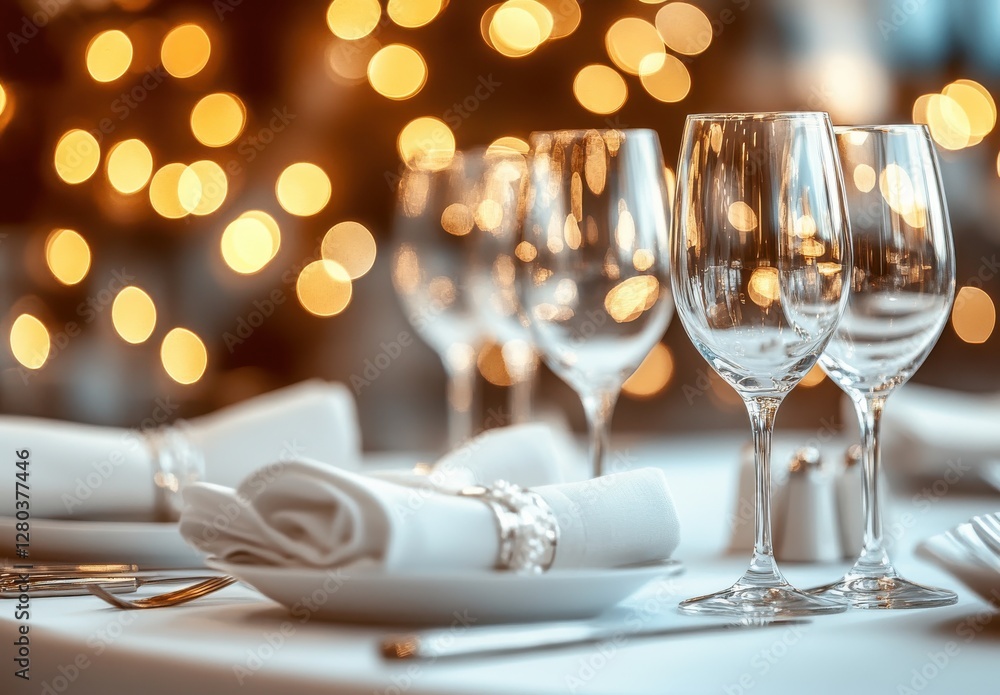 Poster elegant table setting with sparkling lights in the background, showcasing pristine glassware and nea