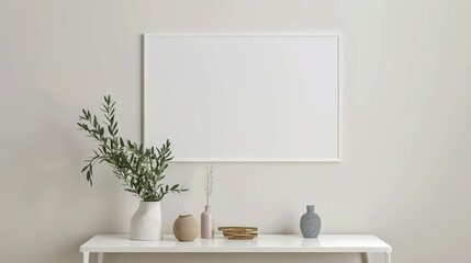 A white rectangular frame above a hallway console table with a plant, vase, and a small decorative object.   HD 8K mockup wallpaper Photographic Image