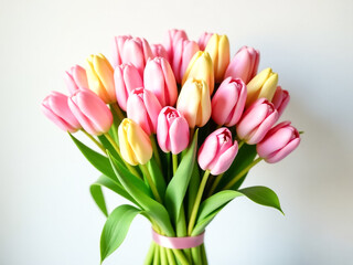 Fototapeta premium a bouquet of tulips. spring background with space for text, top view. background for designer. Templates for cards and posters. Desktop background, Notebook Background, Embroidery Jigsaw, Puzzle Templ