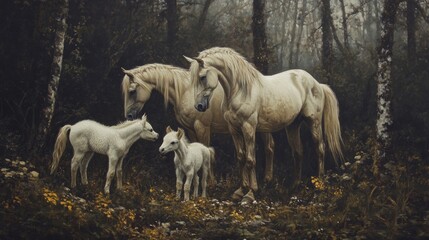 Obraz premium White Horses and Foals in a Misty Forest